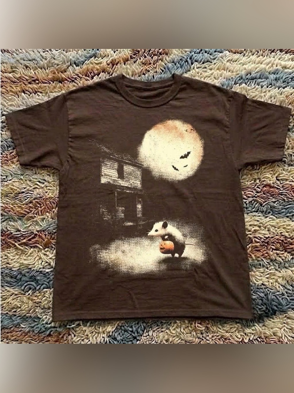 Retro Opossum Halloween Graphic Tee - Dark Brown